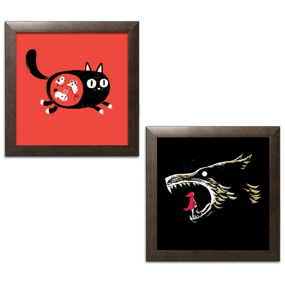 Gango Home Decor Vertical It's What's Inside that Counts & What Big Teeth You Have by Michael Buxton (Ready to Hang); Two 12x12in Brown Framed Prints