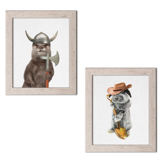 Gango Home Decor Vertical Otter & Rabbit Farmer by Tai Prints (Ready to Hang); Two 11x14in Distressed Framed Prints
