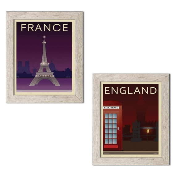 Gango Home Decor Vertical Telephone Box & Eiffel Tower by Incado (Ready to Hang); Two 12x16in Distressed Framed Prints