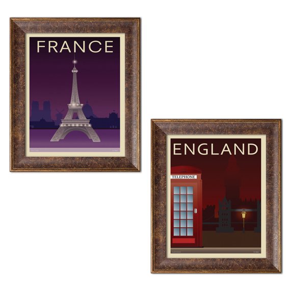 Gango Home Decor Vertical Telephone Box & Eiffel Tower by Incado (Ready to Hang); Two 12x16in Gold Trim Framed Prints