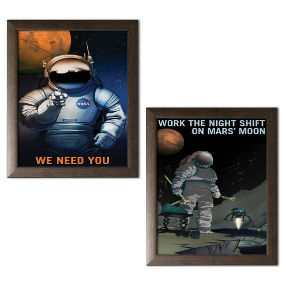 Gango Home Decor Vertical We Need You & Work the Night Shift by NASA (Ready to Hang); Two 12x18in Brown Framed Prints