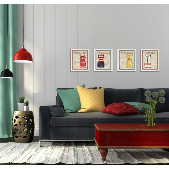 Gango Home Decor Vintage Bathing Suit Coastal Wall Art; Four Red 8x10in Art Prints in White Frames