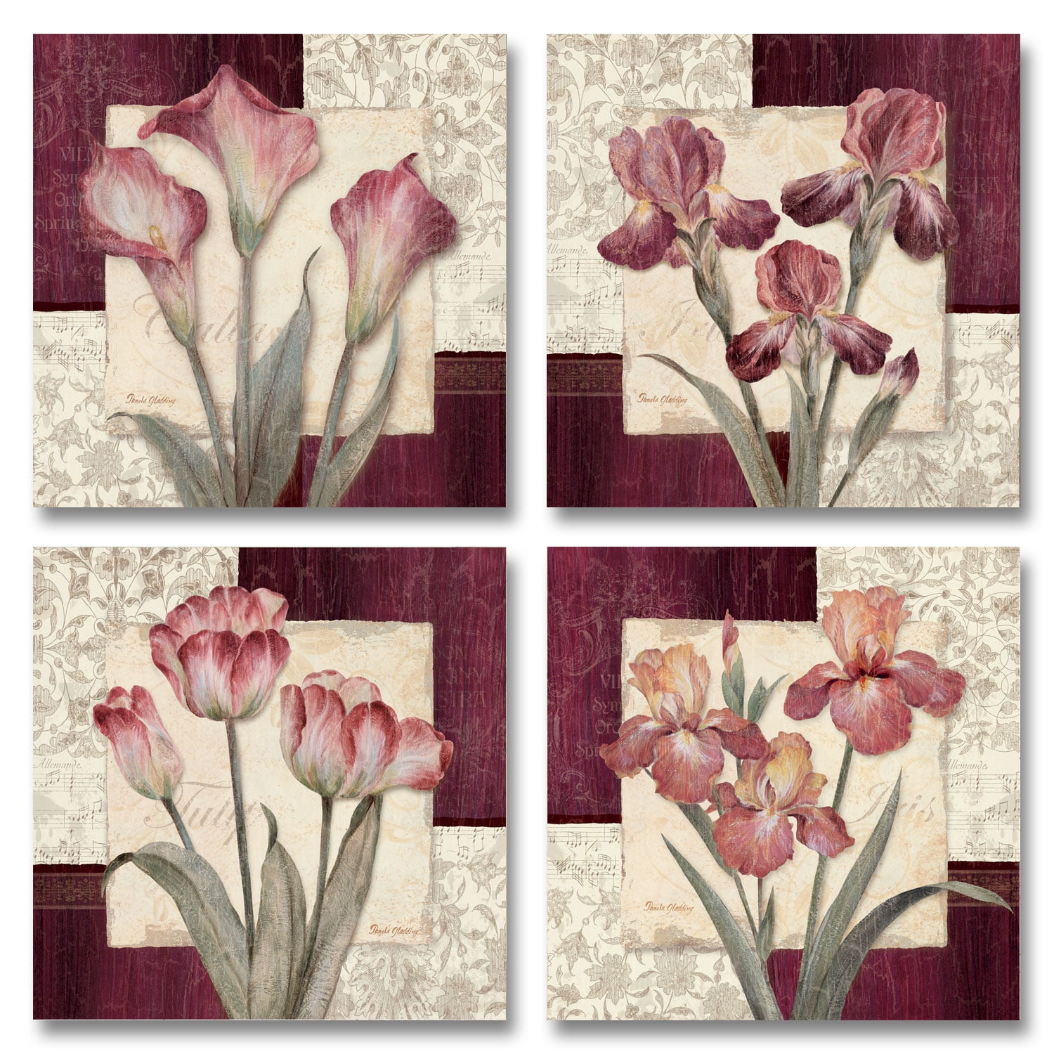 Gango Home Decor Vintage Burgundy and Pink Flowers Posters, 12" x 12", Set of 4