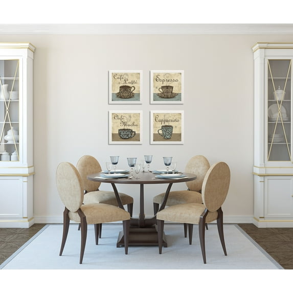 Gango Home Decor Vintage Coffee Cup Kitchen Wall Art; Four Beige 12x12in Art Prints in White Frames