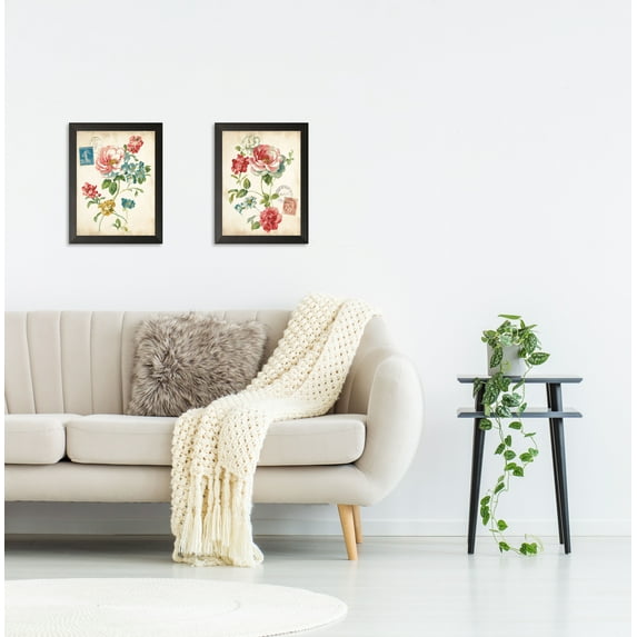 Gango Home Decor Vintage Elegant Floral Wall Art; Two Multi-Color 11x14in Art Prints in Black Frames