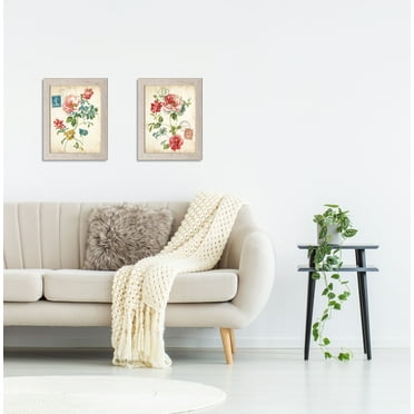 Gango Home Decor Vintage Elegant Floral Wall Art; Two Multi-Color 11x14in Art Prints in Distressed White Frames