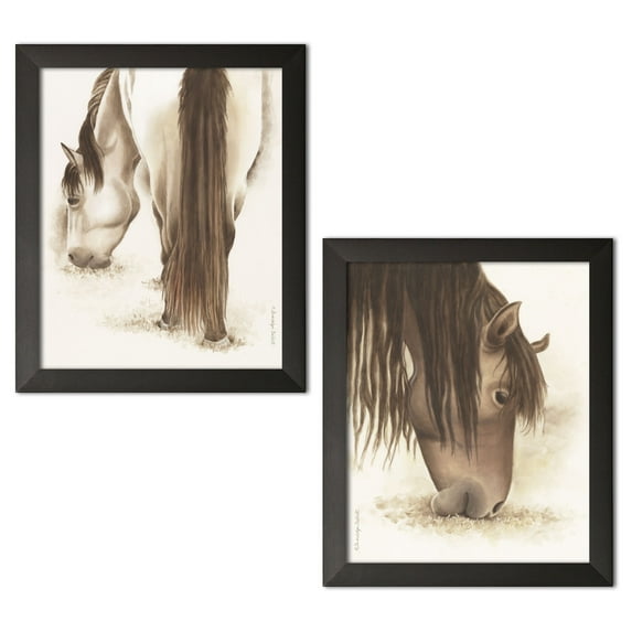Gango Home Decor Vintage Farmhouse Decor | Brown & White Grazing Horse & Mare; Two 12x16in Art Prints in Black Frames
