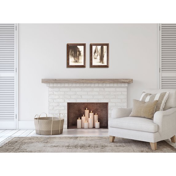 Gango Home Decor Vintage Farmhouse Decor | Brown & White Grazing Horse & Mare; Two 12x16in Art Prints in Gold Trim Brown Frames