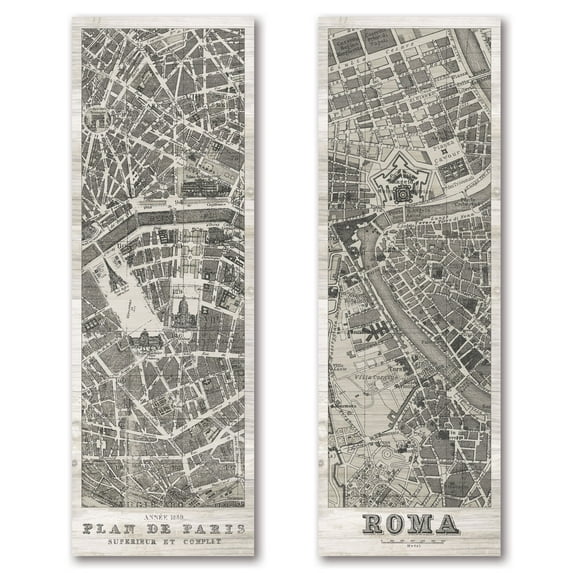 Gango Home Decor Vintage Roma Map & Plan de Paris Panel on Wood by Wild Apple Portfolio (Printed on Paper); Two 6x18in Unframed Paper Posters
