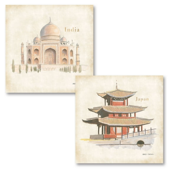 Gango Home Decor Vintage World Trekker IV & VIII by Marco Fabiano (Printed on Paper); Two 12x12in Unframed Paper Posters