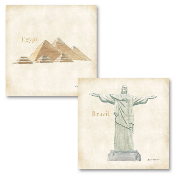 Gango Home Decor Vintage World Trekker VI & IX by Marco Fabiano (Printed on Paper); Two 16x16in Fine Art Paper Giclee Prints