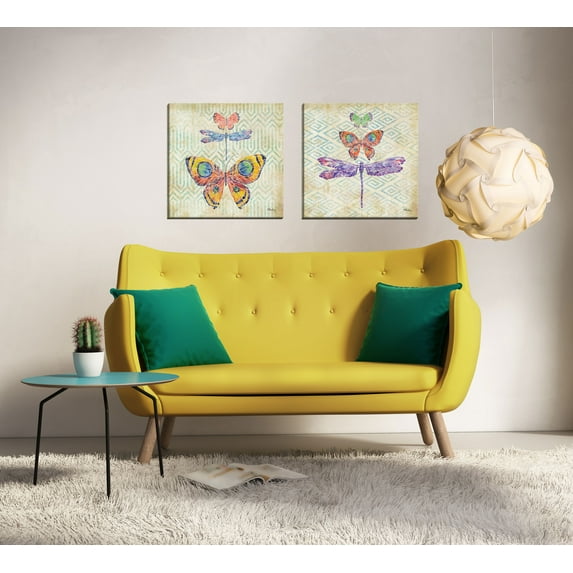 Gango Home Decor Watercolor Monarch Butterfly and Dragonfly Wall Art; Two Multi-Color 16x16in Hand-Stretched Canvases