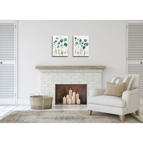 Gango Home Decor Watercolor-Style Floral Wall Art; Two Blue 16x20in Hand-Stretched Canvases
