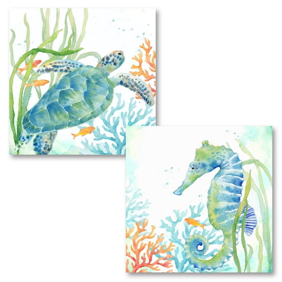 Gango Home Decor White Blue and Green Seahorse & Turtle Adult Coastal Decor; 2 - 12" x 12" Unframed Posters