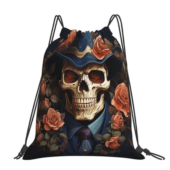 Gangster Death Skull Gothic Art Large Drawstring Backpack Casual Cinch Sack Bag Backpack for Sports Hiking Travel Gym