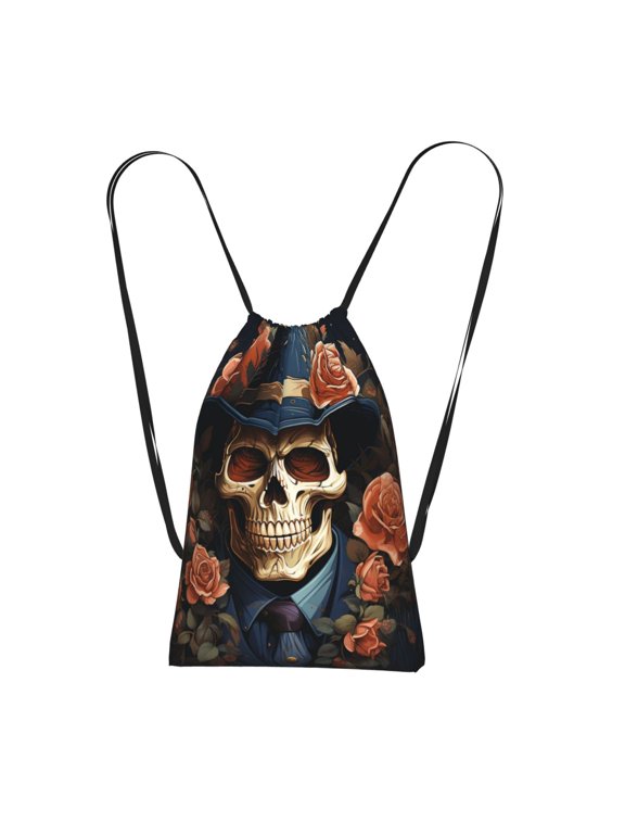 Gangster Death Skull Gothic Art Packable Drawstring Backpack, Lightweight Foldable Cinch Storage Bag for Gym Travel Shopping