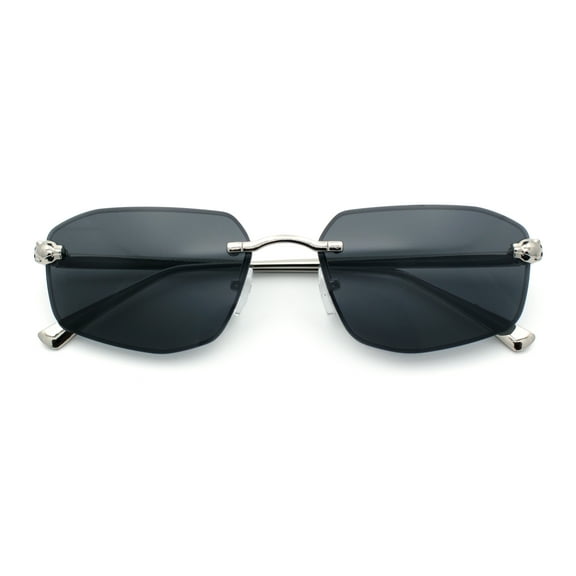 Gangster Rimless Geometric Narrow Rectangle Jaguar Hustler Sunglasses Silver - Black