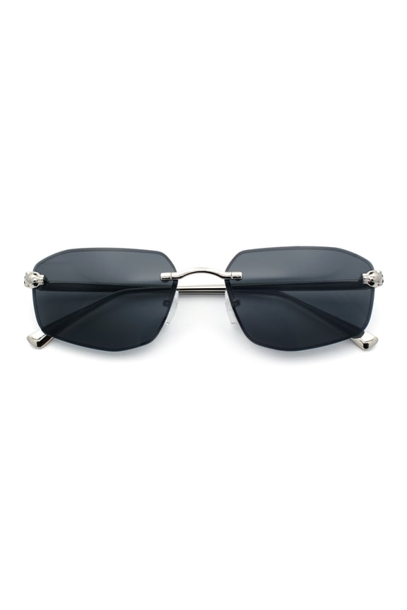 Gangster Rimless Geometric Narrow Rectangle Jaguar Hustler Sunglasses Silver - Black