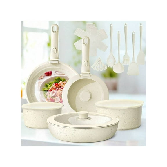 Ganiza 27pcs Ceramic Nonstick Kitchen Pots And Pans Set Cookware Sets With Removable Handles, Oven & Dishwasher, Stackable, Induction Ready, Including Frying Pans, Sauce Pans, Beige