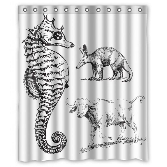 Ganma Animal Hippocampus Clipart Sketch Design Shower Curtain Polyester Fabric Bathroom Shower Curtain 60x72 inches