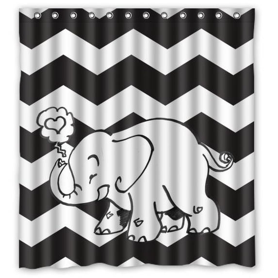 Ganma Black And White Chevron Blackground With Cute Elephant Shower Curtain Polyester Fabric Bathroom Shower Curtain 66x72 inches