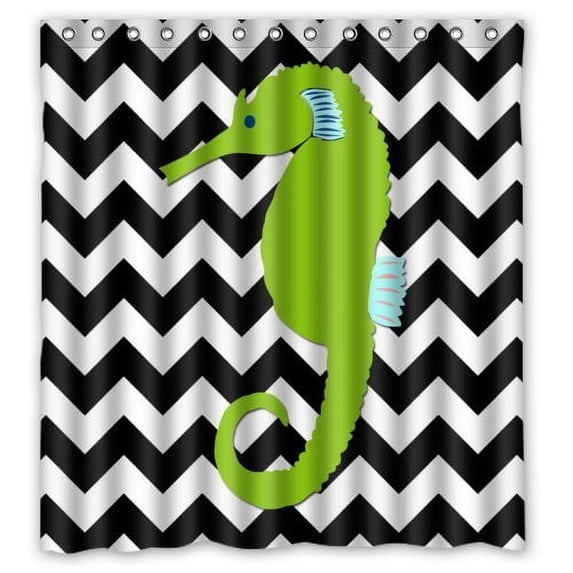 Ganma Black Green Chevron Seahorse Shower Curtain Polyester Fabric Bathroom Shower Curtain 66x72 inches