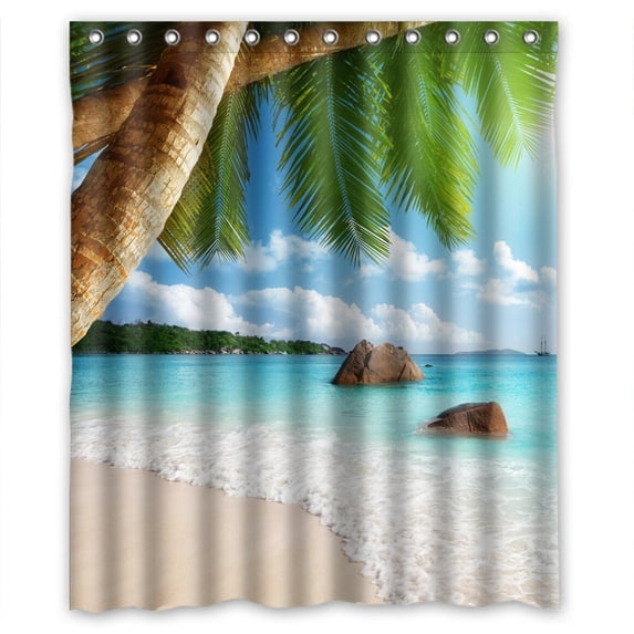 Ganma Blue Sea Waves Summer Beach Palm Tree Sky Clouds Beautiful Landscapes Shower Curtain Polyester Fabric Bathroom Shower Curtain 60x72 inches