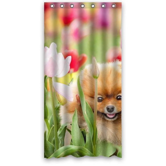 Ganma Cute dog in the Tulips Shower Curtain Polyester Fabric Bathroom Shower Curtain 36x72 inches