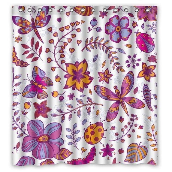 Ganma Green Floral Colorful Flying Butterfly Shower Curtain Polyester Fabric Bathroom Shower Curtain 66x72 inches