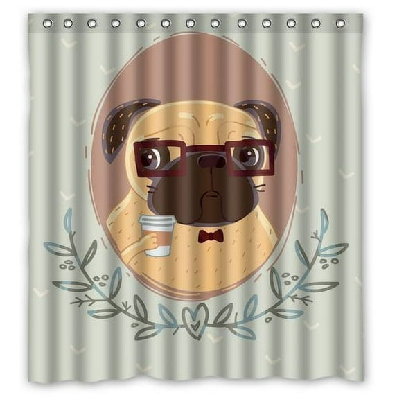 Ganma King Queen Pug Hipster With Cup Of Coffee Shower Curtain Polyester Fabric Bathroom Shower Curtain 66x72 inches