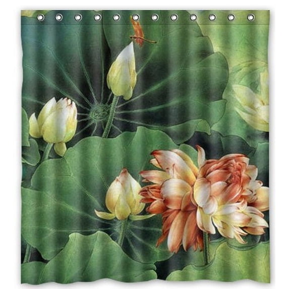 Ganma Lotus And Dragonfly Shower Curtain Polyester Fabric Bathroom Shower Curtain 66x72 inches