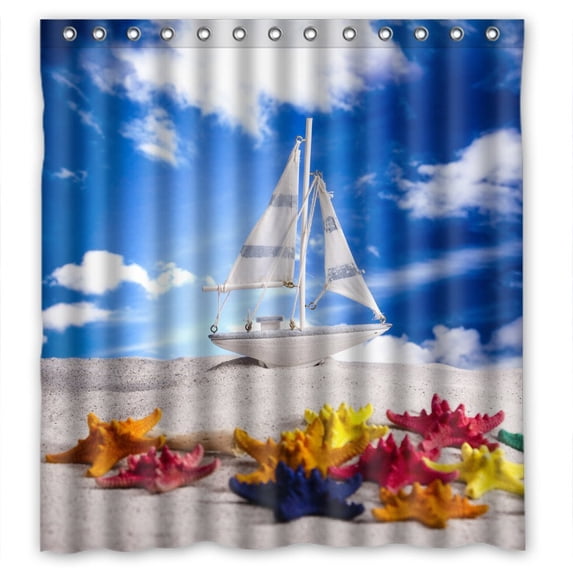Ganma Sky Sailing Boats Lighthouse Starfish Toys Clouds Sand beach bokeh Summer Shower Curtain Polyester Fabric Bathroom Shower Curtain 66x72 inches