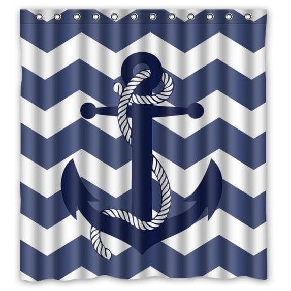 Ganma Vintage Chevron Anchor With Navy Blue Chevron Shower Curtain Polyester Fabric Bathroom Shower Curtain 66x72 inches