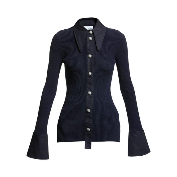 Ganni Women's Dark Navy Blue Melange Ribbed Knit Shirt Collar Cardigan