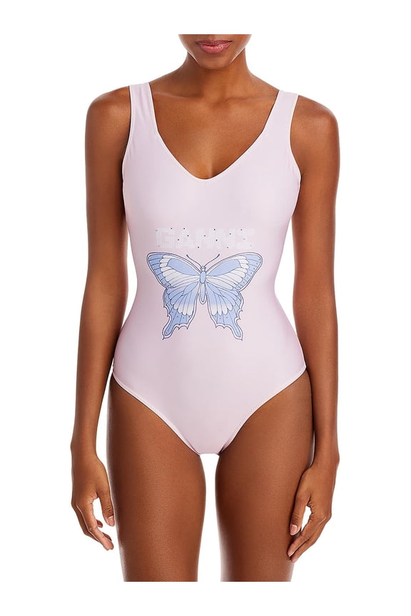 Womens Deep Cut Printed Embellished One-Piece Swimsuit