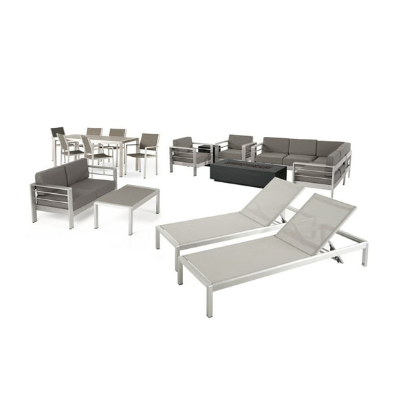 Gannon Outdoor 18 Piece Aluminum Estate Collection with Cushions and Fire Pit, Silver, Gray, Dark Gray