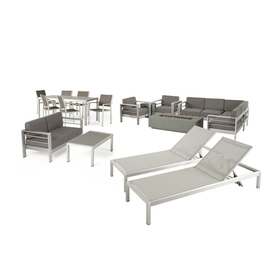 Gannon Outdoor 18 Piece Aluminum Estate Collection with Cushions and Fire Pit, Silver, Gray, Light Gray