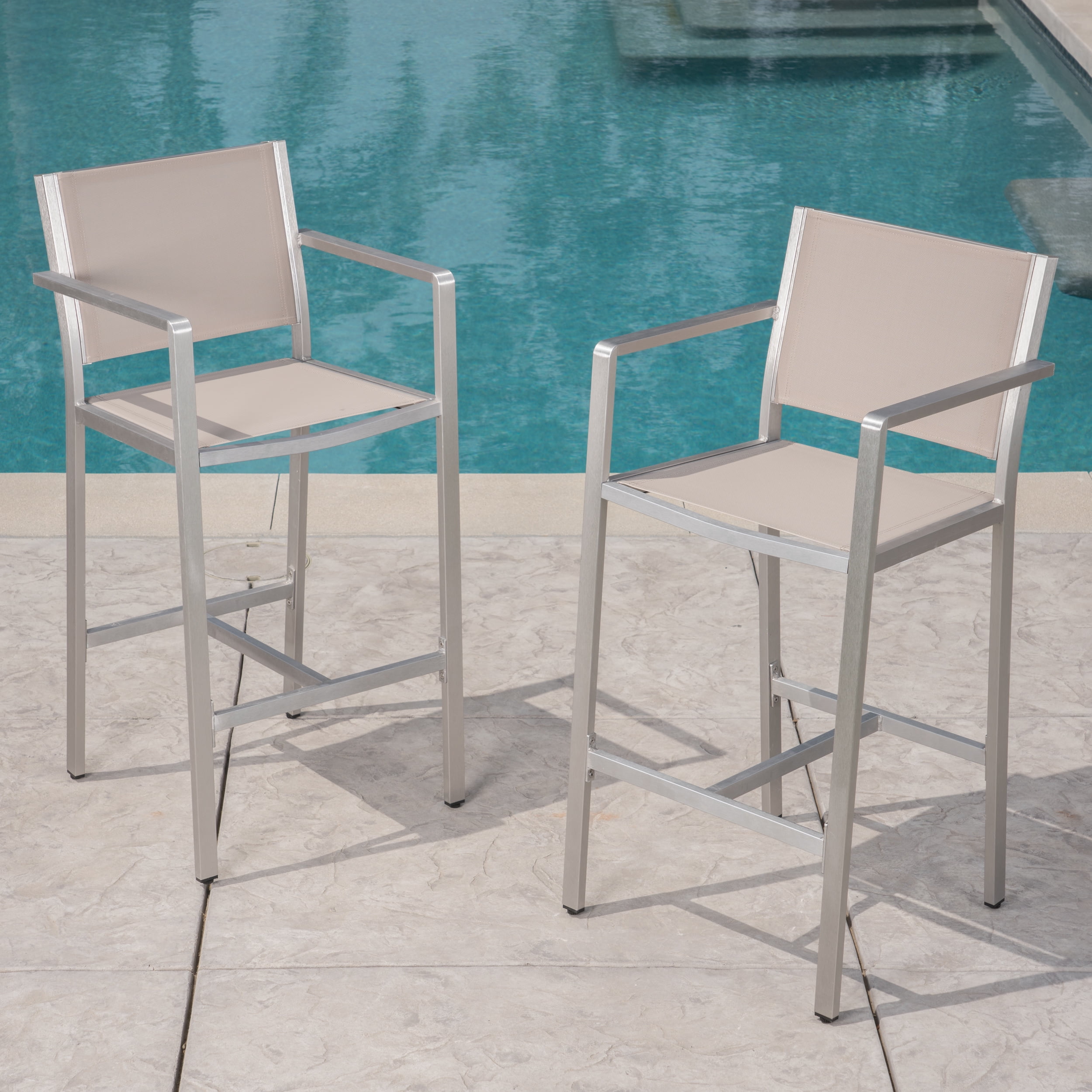 Gannon Outdoor 29.5" Mesh Barstools with Aluminum Frame, Set of 2, Grey, Silver