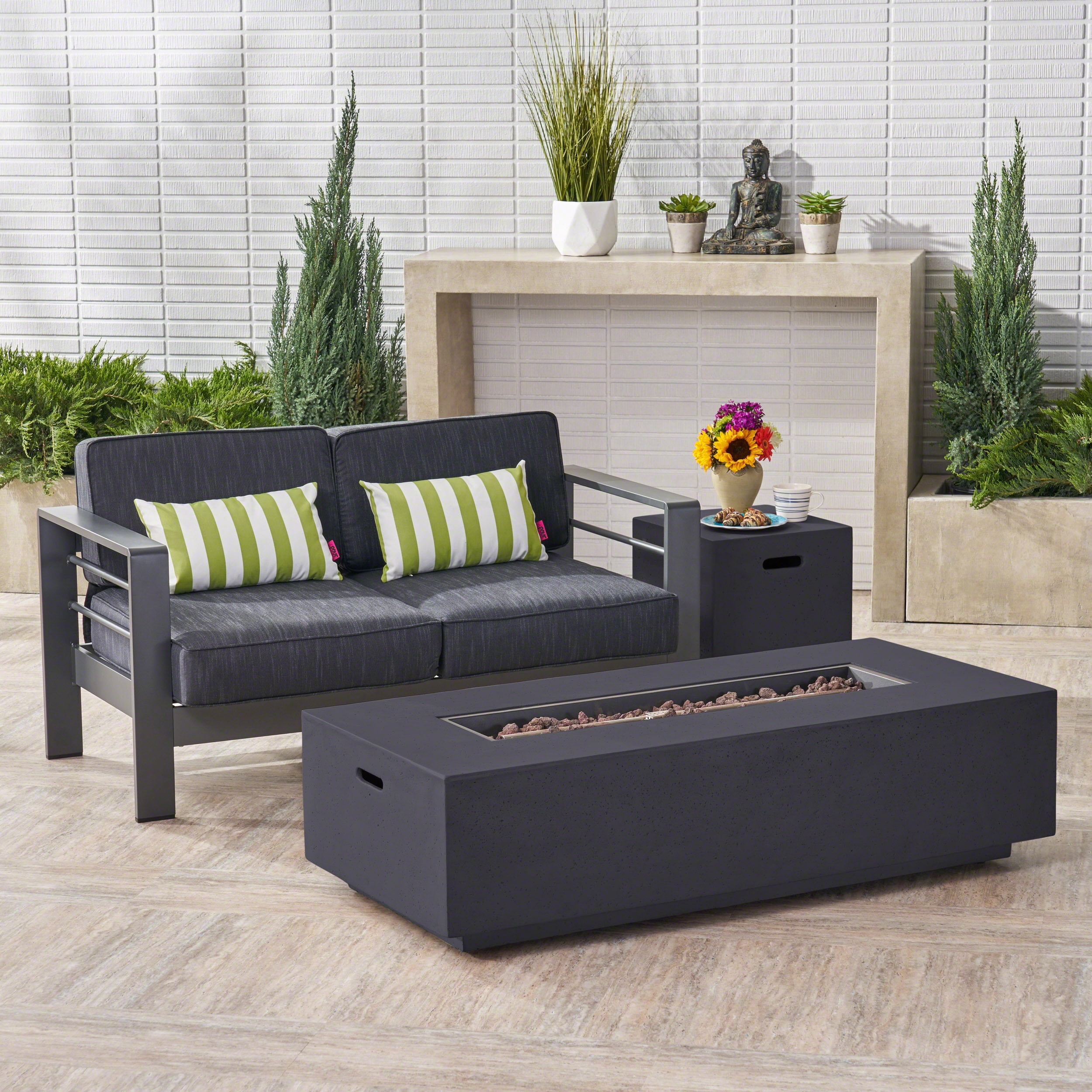 Gannon Outdoor 3 Piece Aluminum Chat Set with Fire Pit and Tank Holder, Grey, Dark Grey, Dark Grey