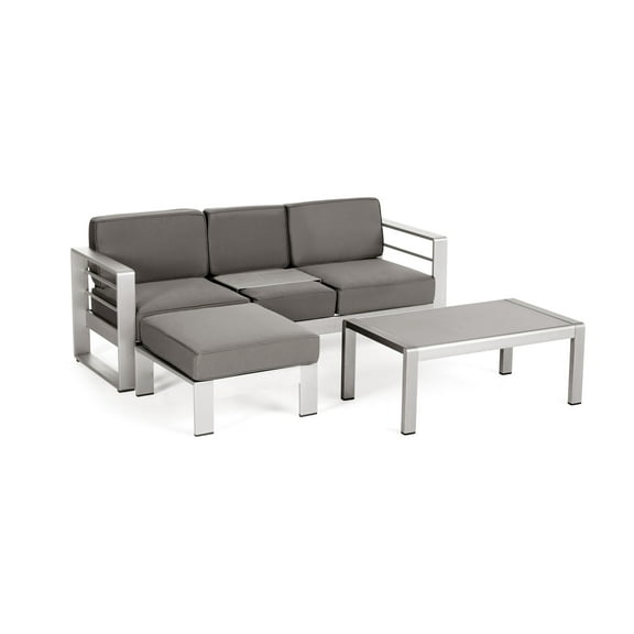 Gannon Outdoor 3 Piece Aluminum Sofa Set with Coffee Table and Ottman, Silver, Khaki