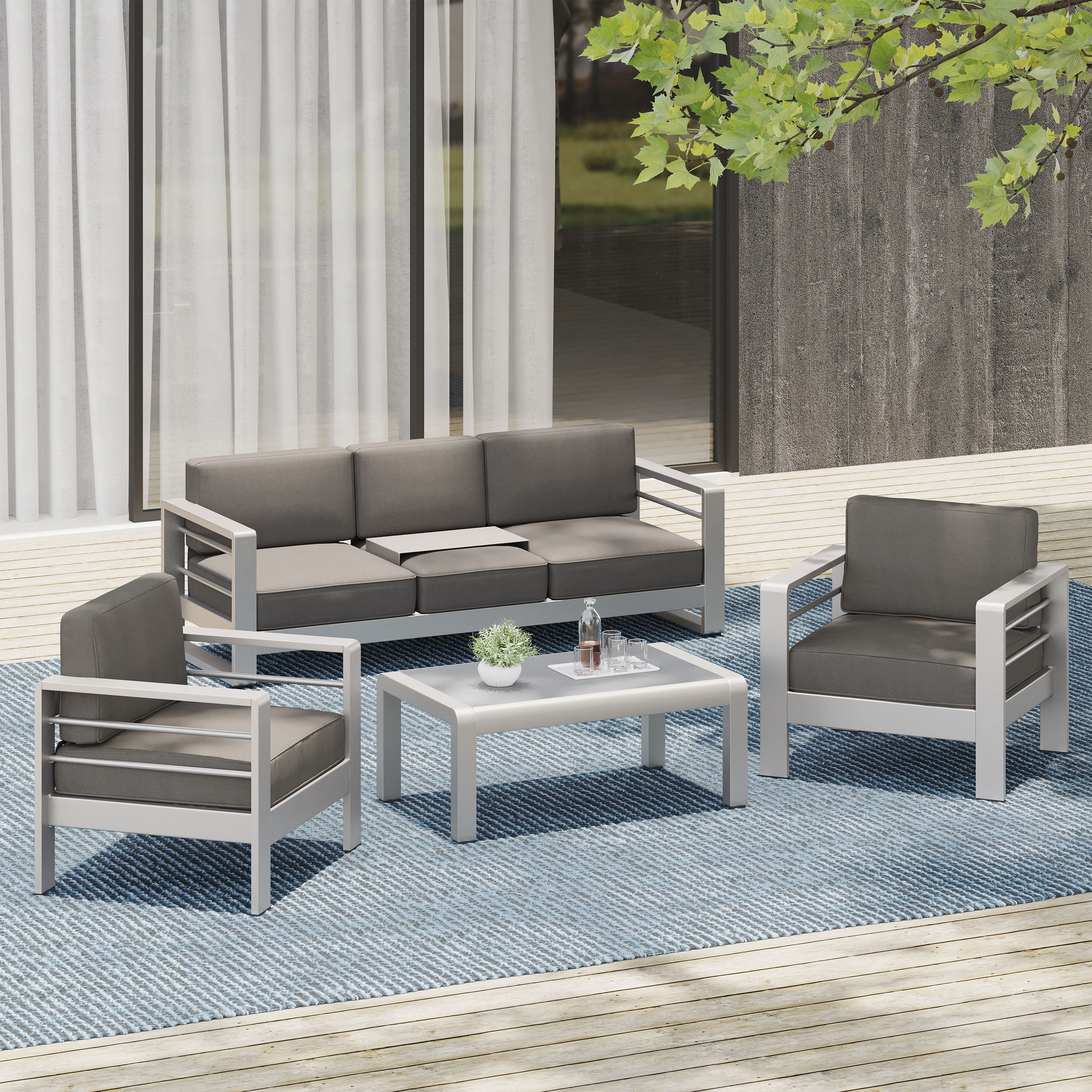 Gannon Outdoor 4 Piece Aluminum Chat Set with Cushions, Khaki