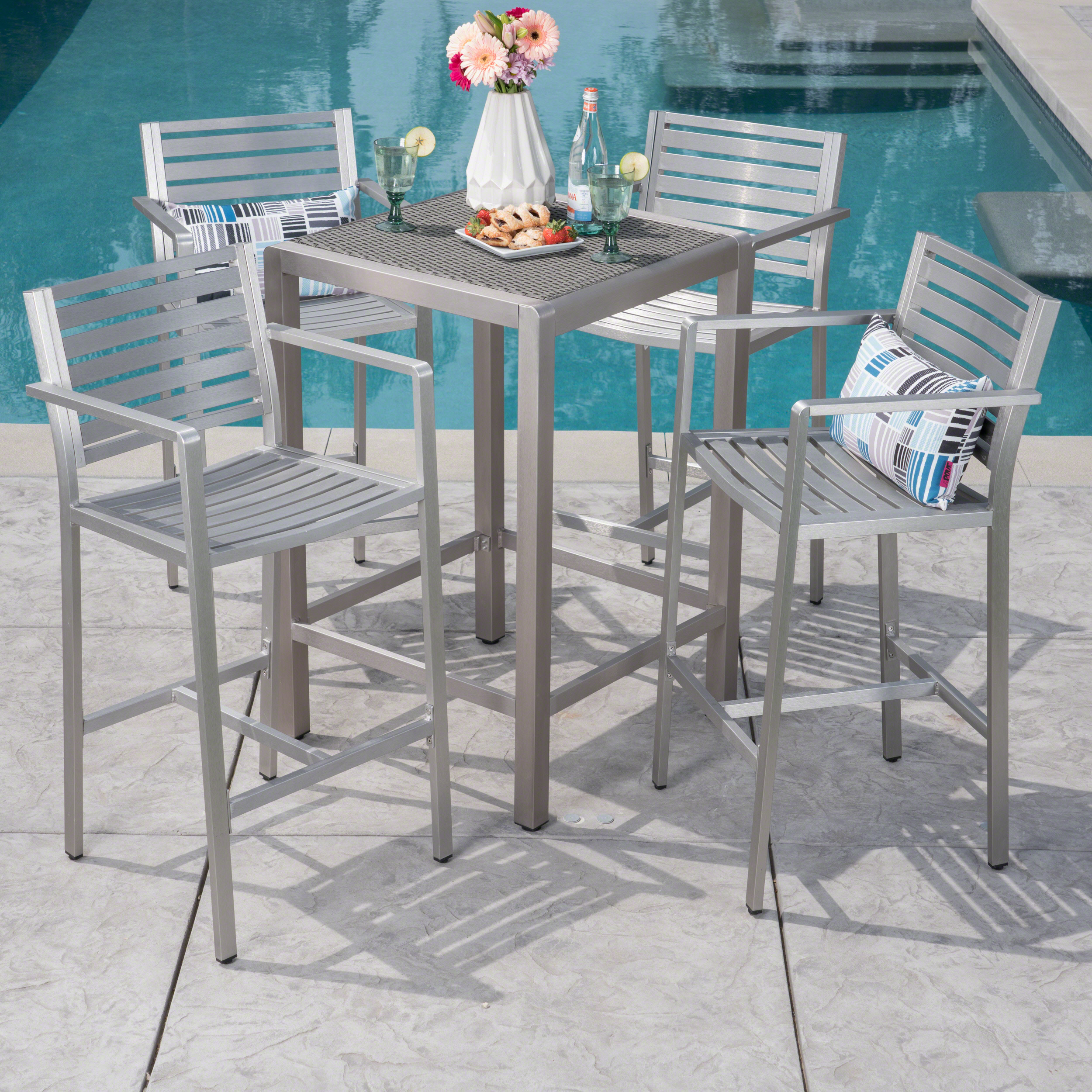 Gannon Outdoor 5 Piece Rust Proof Aluminum Bar Set With Wicker Top Bar Table, Grey, Silver - image 1 of 7