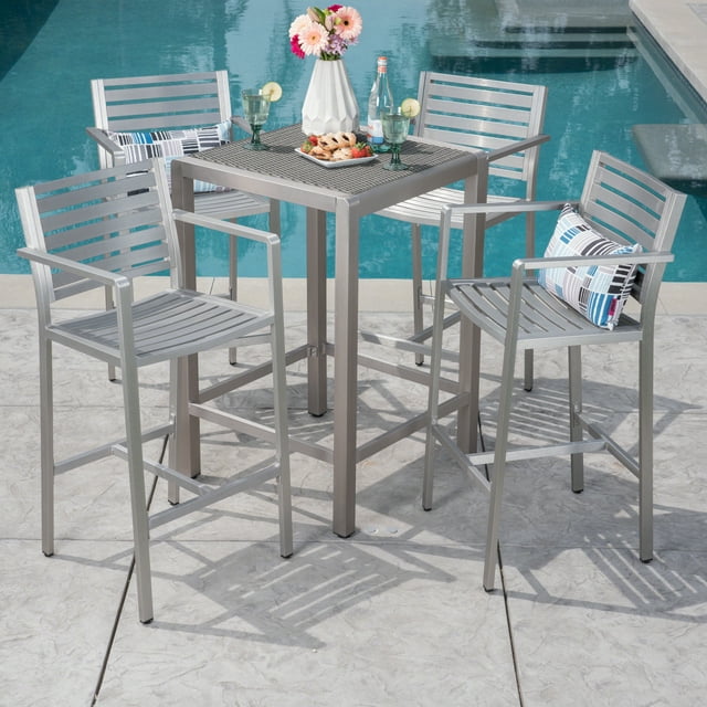 Gannon Outdoor 5 Piece Rust Proof Aluminum Bar Set With Wicker Top Bar Table, Grey, Silver