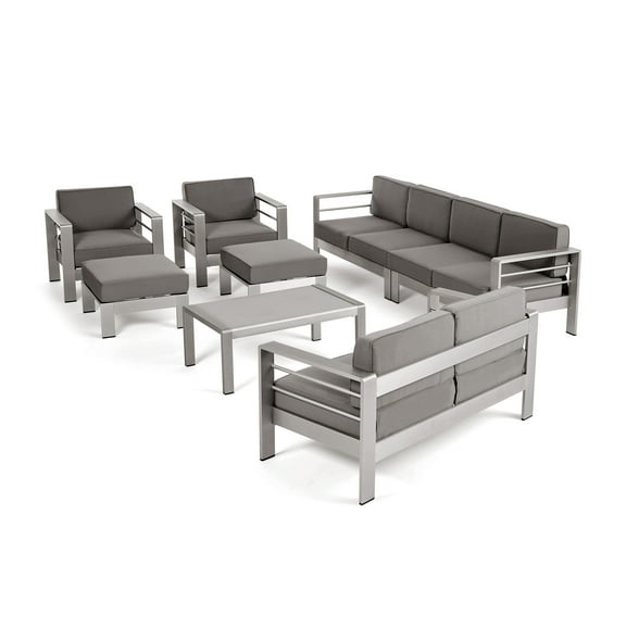 Gannon Outdoor 7 Piece Aluminum Sectional Sofa Set with Coffee Table and Ottmans, Silver, Khaki