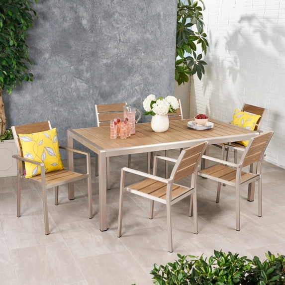 Gannon Outdoor Modern 6 Seater Aluminum and Faux Wood Dining Set, Natural and Silver