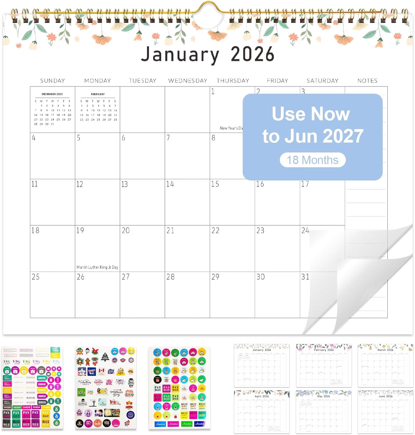 Gannyfer 2026 Wall Calendar, 18-Month Calendar 2026-2027, Use from Jan to Jun 2027, Large 2026, 14" x 11", Planner for Your Family, School or Office (3 Stickers Included)