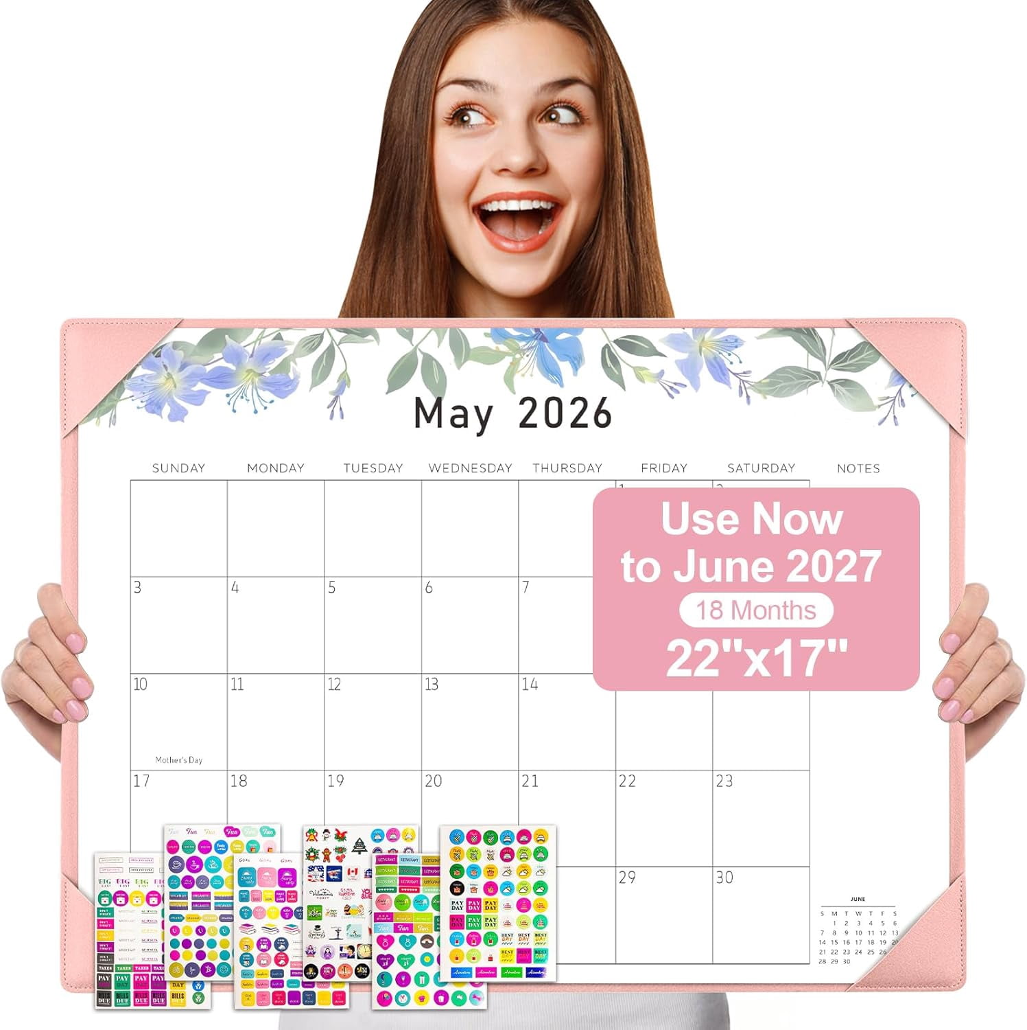 Desk Calendar 2026-2027 with Desktop Mat, Large 22" x 17" Desk Pad Calendar, 18-Month Calendar Use Now Through Jun 2027, Office Supplies for Home School Office, Pink with 6 Stickers
