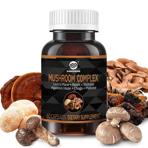 Ganoherb 6-Mushroom Blend Dietary Supplement for Immune & Brain Support, Lions Mane, Shiitake, 60 Count