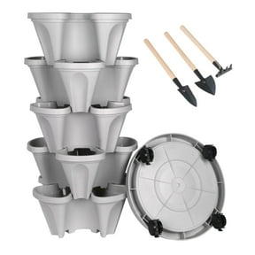 Gamexcel Vertical Garden Planter 5 Tier Gray Plastic Stackable Tower Planter with Saucer for Strawberry,Herb