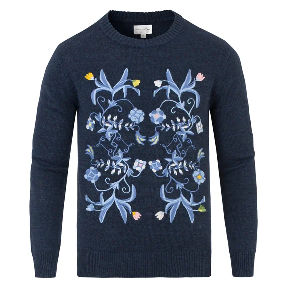 Gant Men's Embroidered Knit Crew, Medium, Blue Ocean